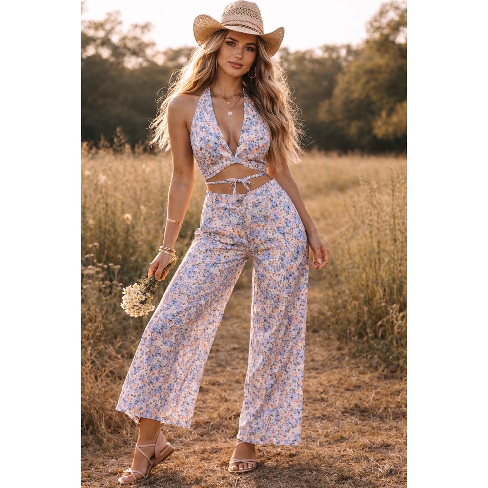 Haute Monde Floral 2 Pc Set Halter Wrap Top Wide Leg Pant NEW sz M festival Boho